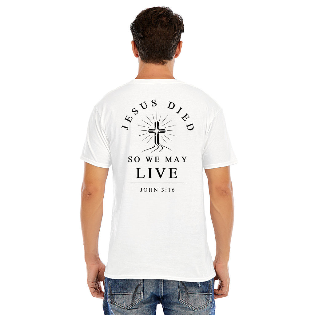 Modern Christian Cross Unisex T-Shirt – "Jesus Died So We May Live" Faith Tee, White