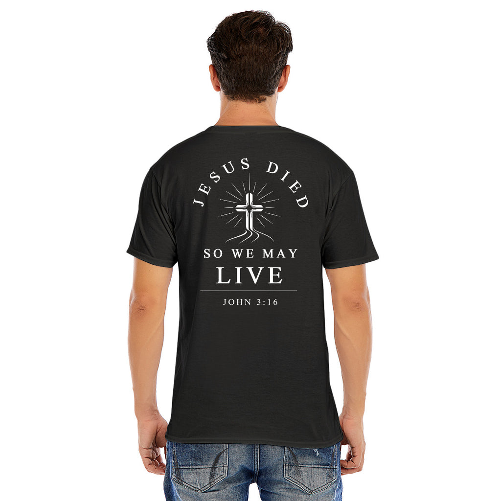 Modern Christian Cross Unisex T-Shirt – "Jesus Died So We May Live" Faith Tee, Black