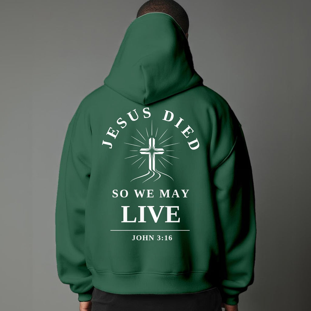 Modern Christian Cross Unisex Hoodie "Jesus Died So We May Live" Faith Hoodie, Black