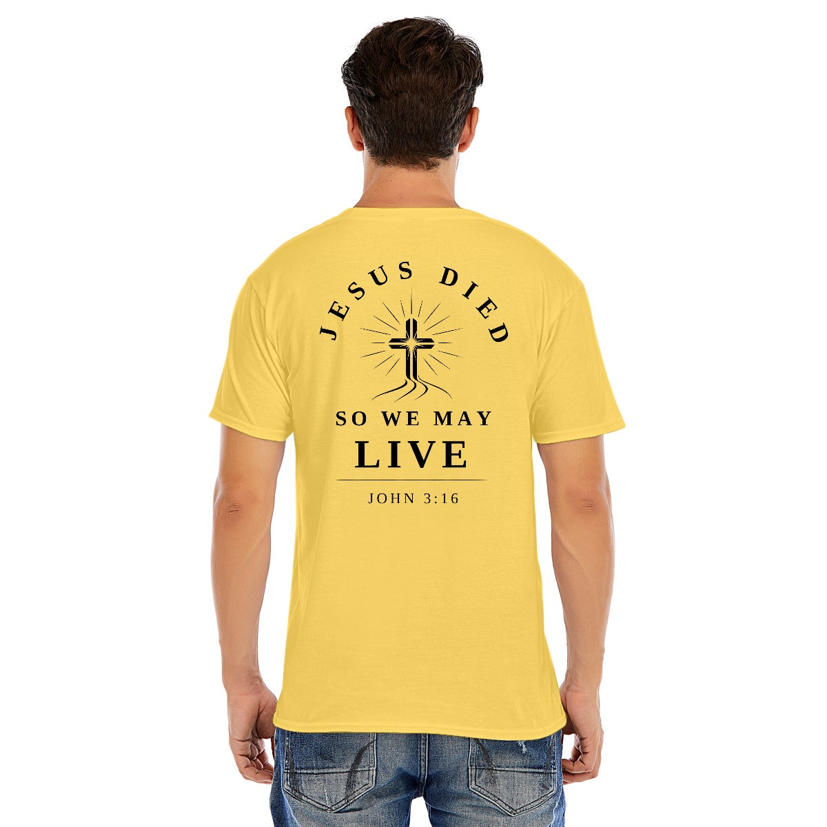 Modern Christian Cross Unisex T-Shirt – "Jesus Died So We May Live" Faith Tee, White