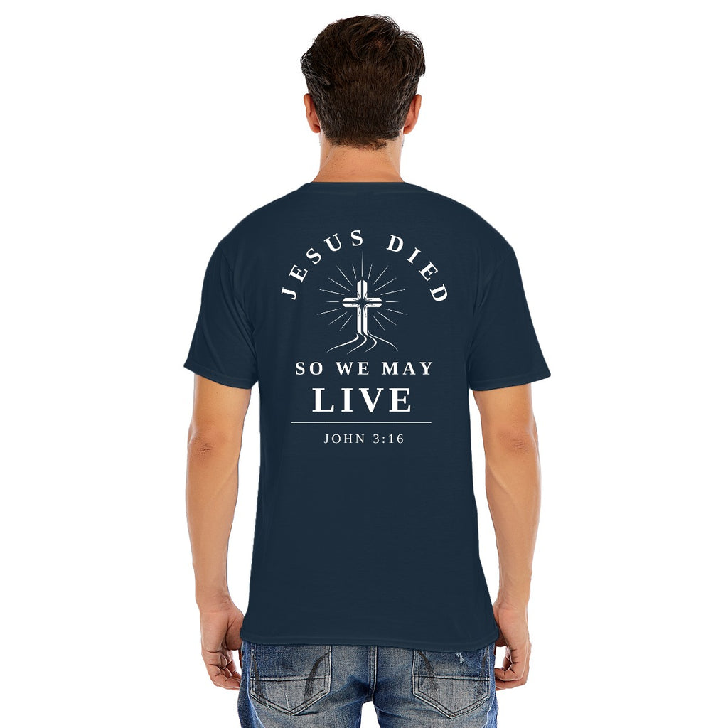 Modern Christian Cross Unisex T-Shirt – "Jesus Died So We May Live" Faith Tee, Black