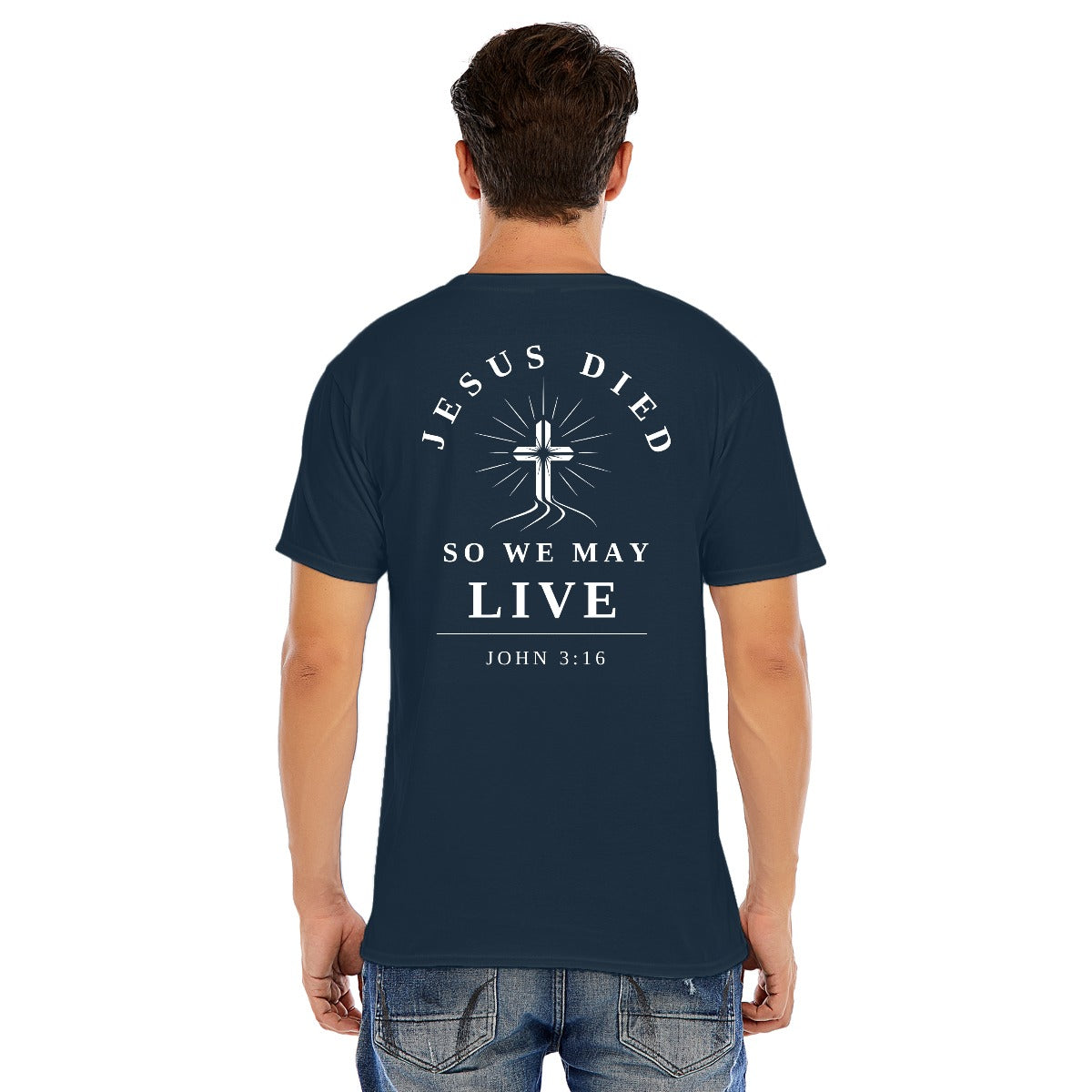 Modern Christian Cross Unisex T-Shirt – "Jesus Died So We May Live" Faith Tee, Black